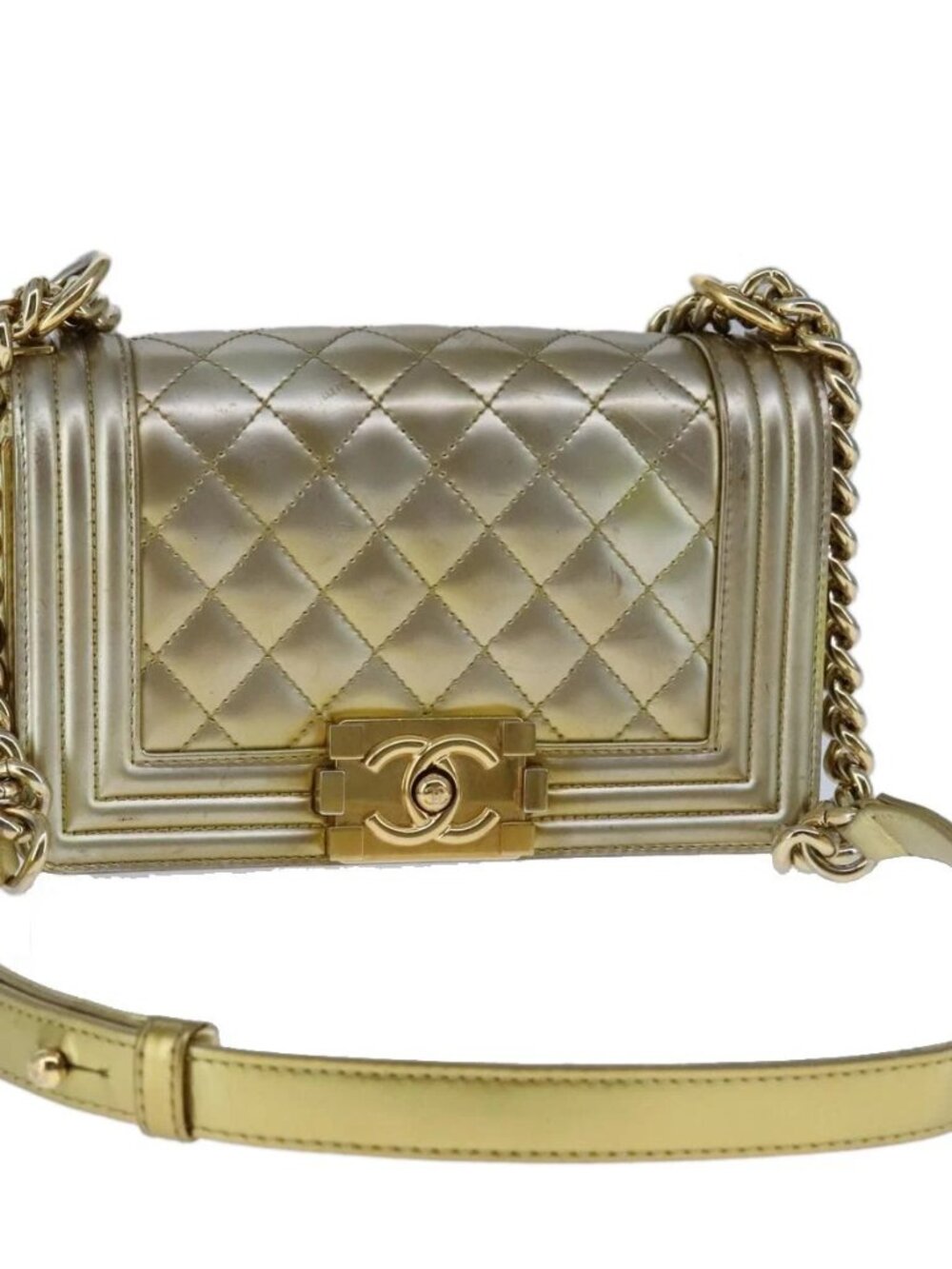 CHANEL Matelasse Chain Boy Chanel Shoulder Bag Patent Gold CC Auth 106721SAM